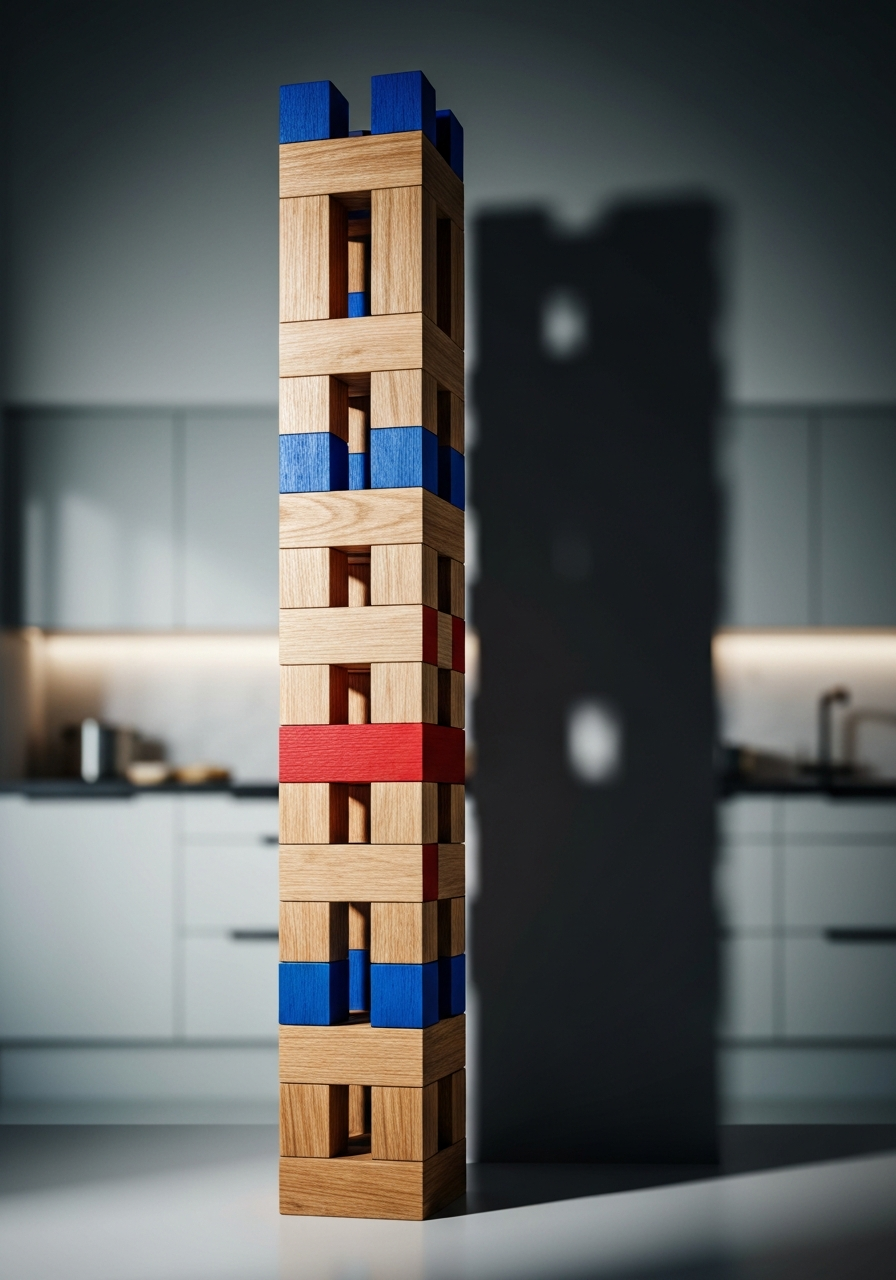Tour de blocs de construction en chêne, bleu cobalt et rouge signal sur établi de bois brut, lumière dramatique.