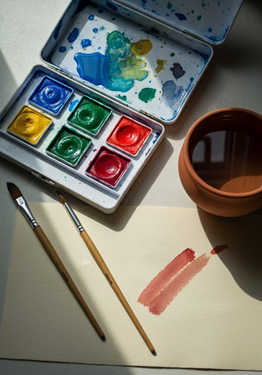 Boîte d'aquarelle ouverte avec pigments vifs, pinceaux fins, feuille de papier crème avec coup de pinceau.