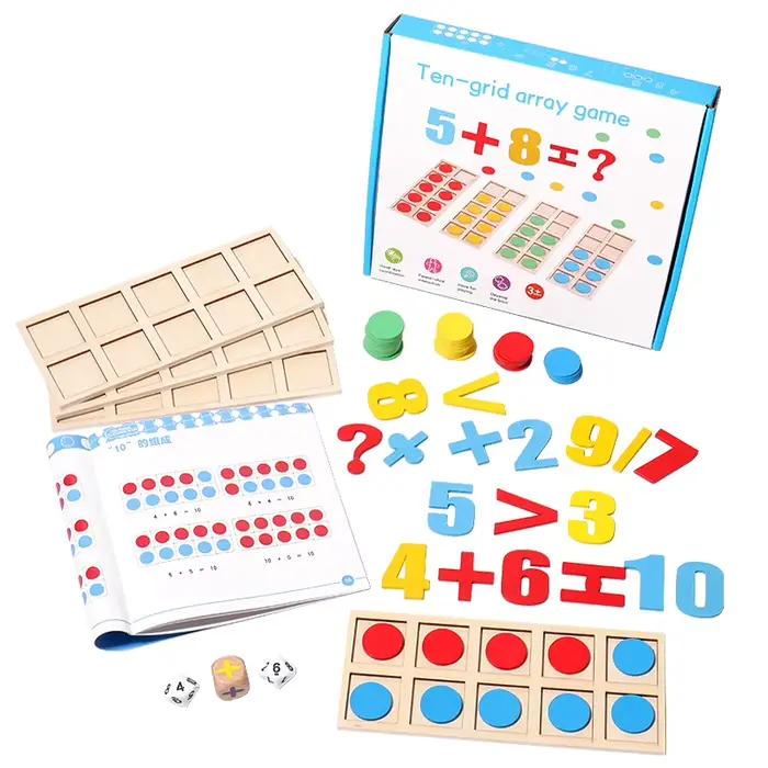 Carte numérique Montessori, jeu de réseau à dix grilles, jouets mathématiques, addition en bois, sou