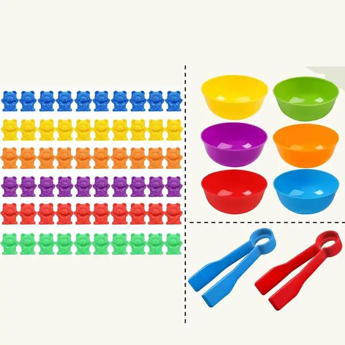 Contre des ours, jeux assortis, bols de tri des couleurs, pincettes, apprentissage préscolaire, éduc