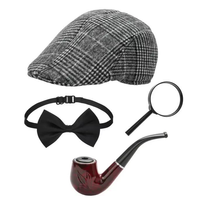 Ensemble d'accessoires de costume de détective 4 pièces - Chapeau de newsboy à carreaux, nœud papill