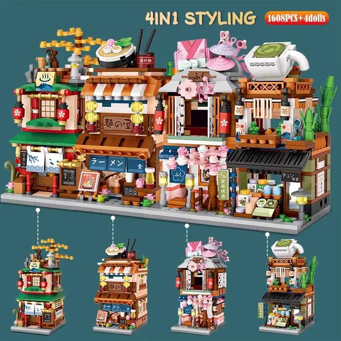 Mini City Street View, magasin de nouilles, blocs de construction de maison 4 en 1, Architecture jap