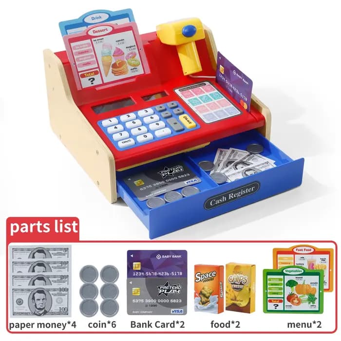 Caisse enregistreuse en bois pour jeu de simulation : véritable calculatrice incluse, excellent joue