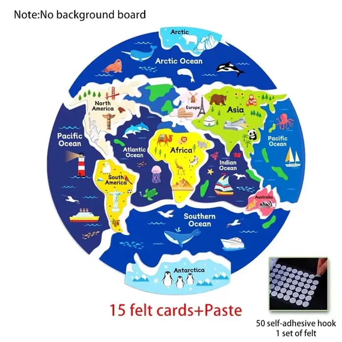 Puzzle en feutre de la carte du monde pour enfants, jouet éducatif interactif sur les 7 continents e