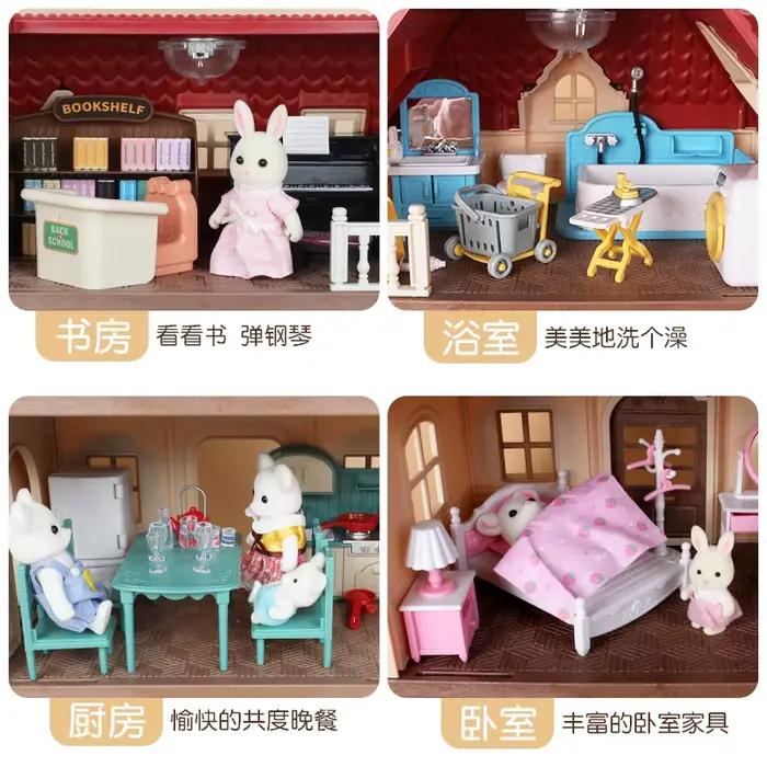 Famille d'animaux de la forêt, meubles de maison de poupée, chambre à coucher, cuisine, salle de bai