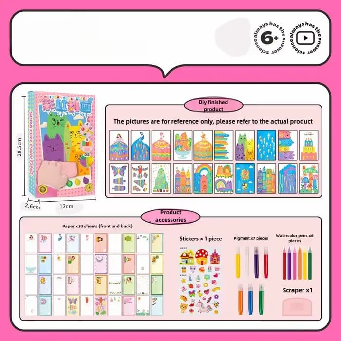 Kit de Peinture Grattable Arc-en-ciel – Images à Gratter Colorées pour Enfants – Cartes Postales DIY