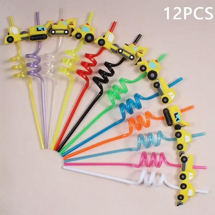 Ensemble de pailles à thème de véhicule de Construction 12 pièces, pailles torsadées réutilisables, 