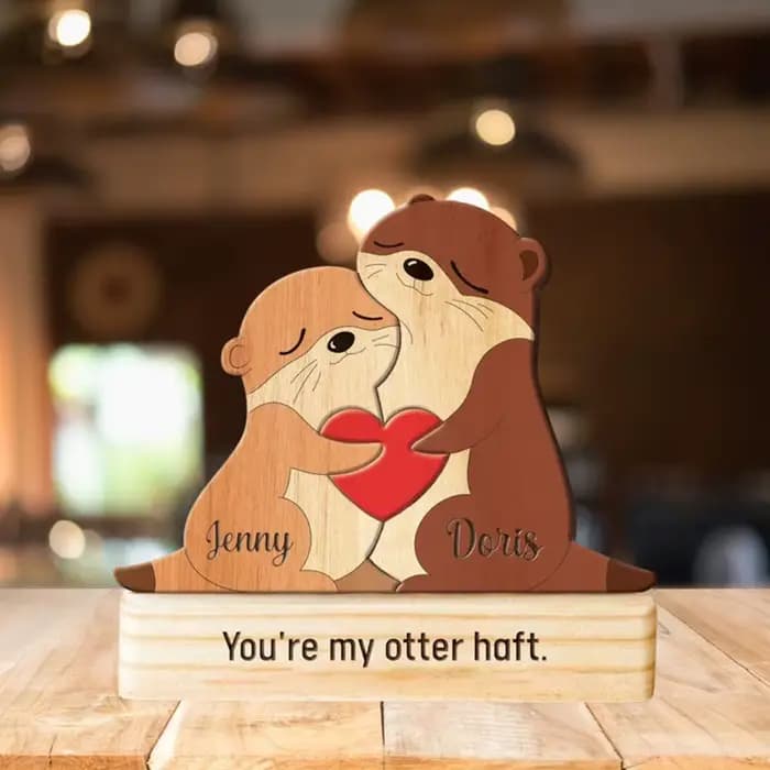 Puzzle en bois personnalisé pour famille de loutres, nom gravé personnalisé, Puzzle d'animaux 3D, dé