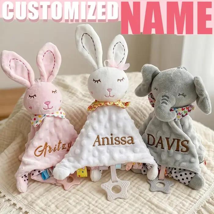 Doudou personnalisé avec nom, lapin en peluche et hochet en silicone pour bébés – Cadeau idéal pour 