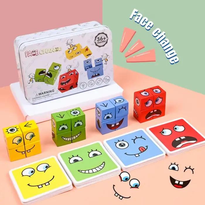 Blocs de construction à changement de visage Cube, jeu de société de dessin animé, Puzzle en bois Mo