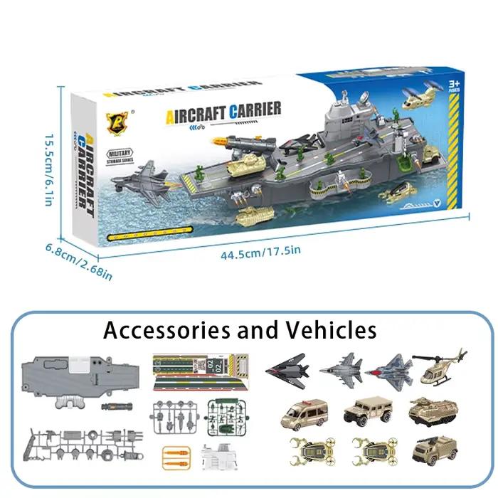 Jouet d'assemblage de porte-avions pour enfants avec mini-soldats, avions et voitures. Le transporte