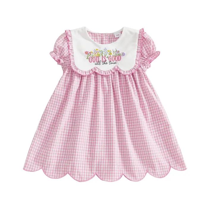 Robe de pâques pour bébé fille, manches courtes, col marin, lettres florales brodées, robe trapèze d