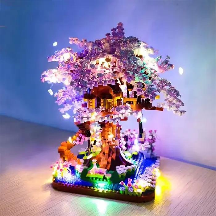 Ensemble de blocs de construction d'arbre bonsaï cerisier, briques de plantes en fleurs de Sakura av