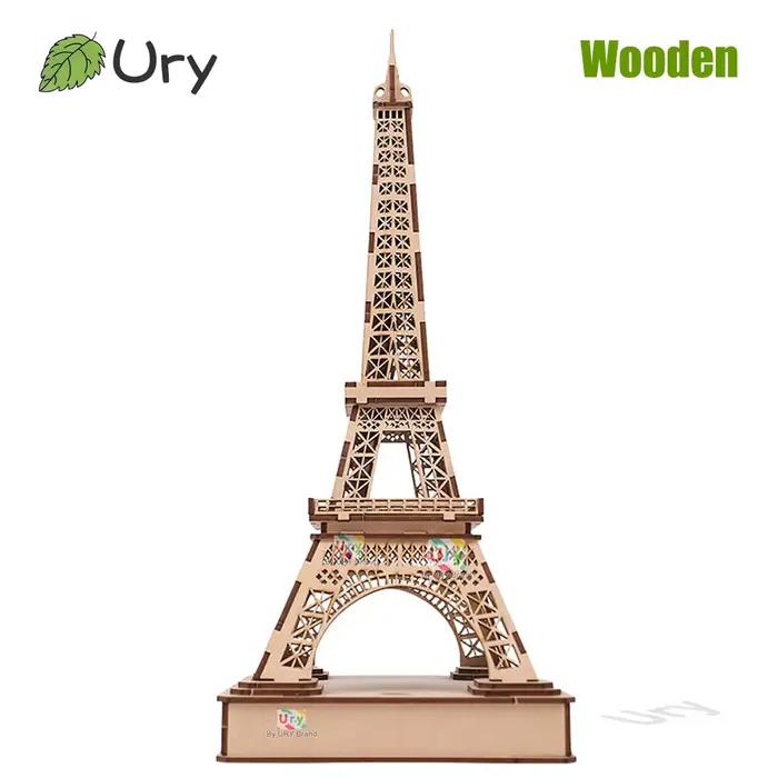Puzzle 3D en bois Ury, Tour Eiffel de Paris colorée avec lumière, célèbres monuments classiques euro