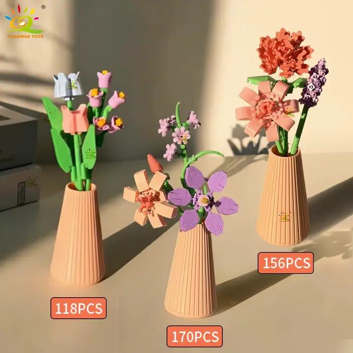 HUIQIBAO MOC Bouquet de fleurs éternelles avec pot Micro bloc de construction tournesol Rose Mini mo