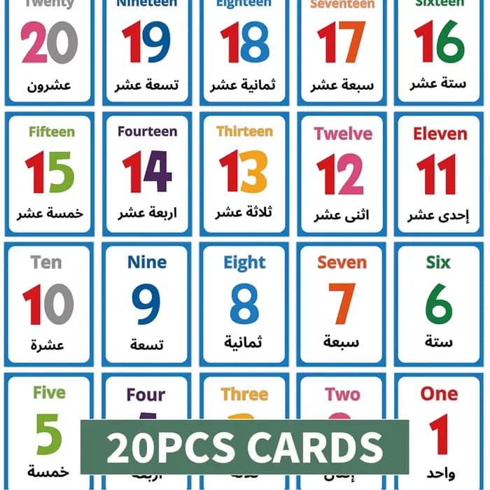 20 pièces cartes flash à chiffres arabes-anglais, carte de reconnaissance des nombres précoces pour 