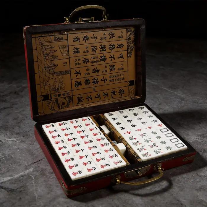 Jeu de Mahjong Chinois Vintage Traditionnel avec 144 Tuiles, Boîte de Rangement Portable, Domino Chi