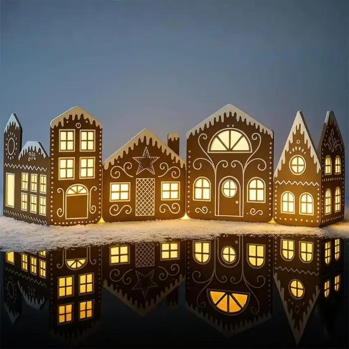 G6KF – maison gâteau noël construite à main, tenues en carton avec lumières, décor village gâteau en