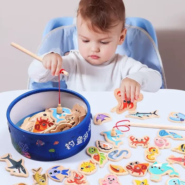 Jouets de pêche magnétiques en bois pour enfants, jeux de poissons cognitifs de la vie Marine, jouet