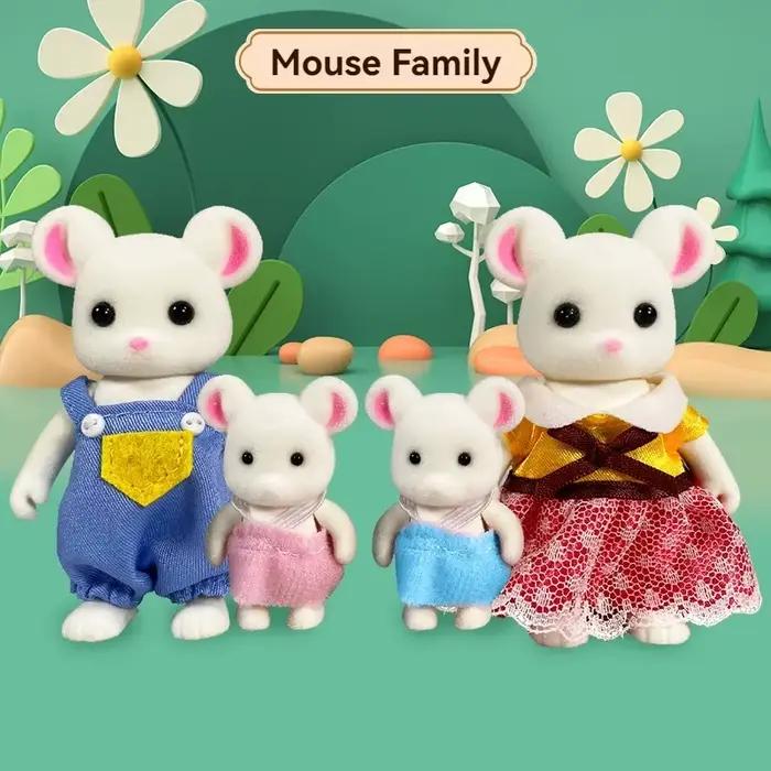 Famille d'animaux de la forêt, meubles de maison de poupée, chambre à coucher, cuisine, salle de bai