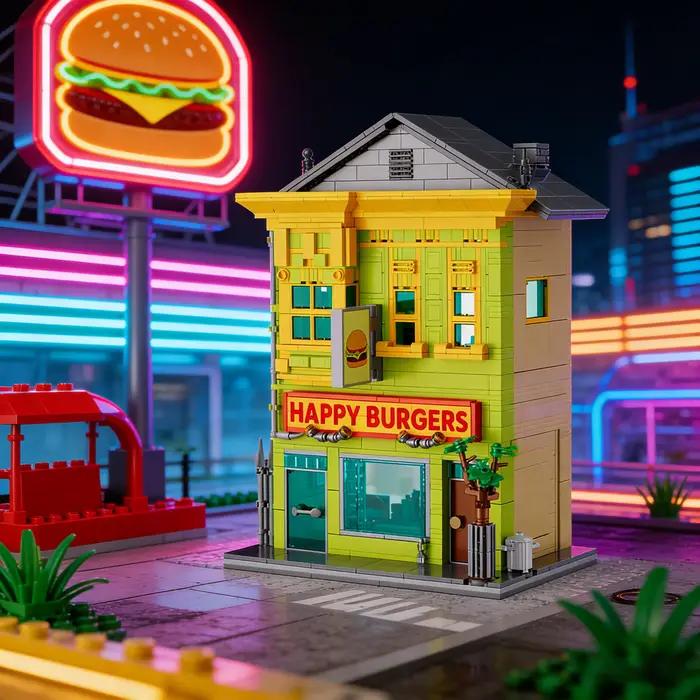 Blocs de construction Happy Burger Delicious Shop, jouets, vue sur la rue de la ville, modèle archit