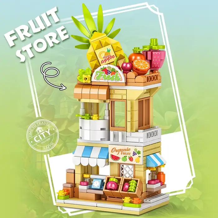 Blocs de construction de ville, magasin de fruits, magasin de fleurs, ensemble de modèles de maison,