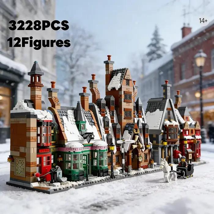 76457 Winter Magic Village Street View Building Blocks 3228PCS Snowy Wizard Town Model With Horse Ca
