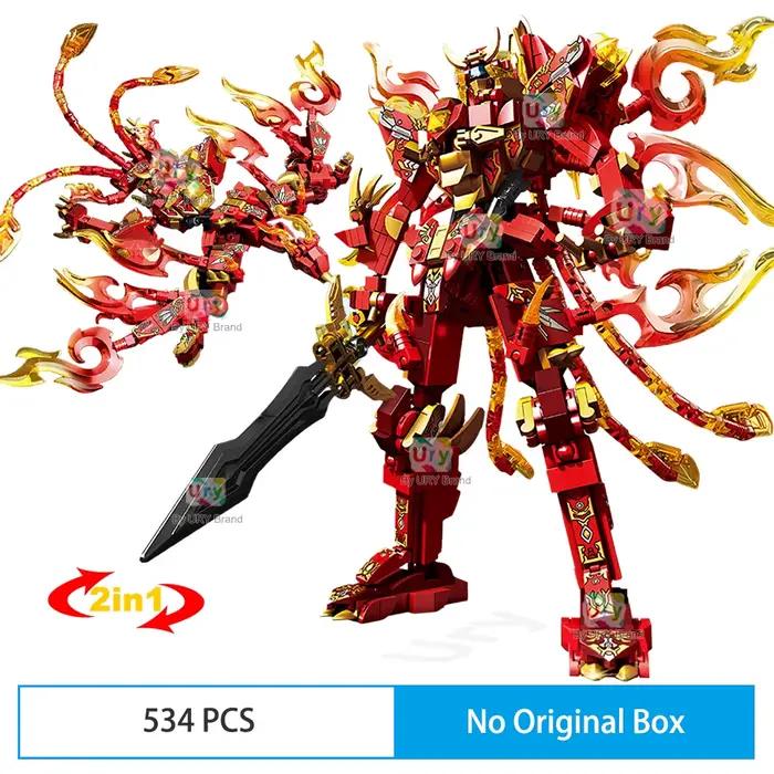 Ensemble de blocs de construction 2-en-1 Ninja Movie Red Warrior Robot Battle Mecha Flying Fire Drag
