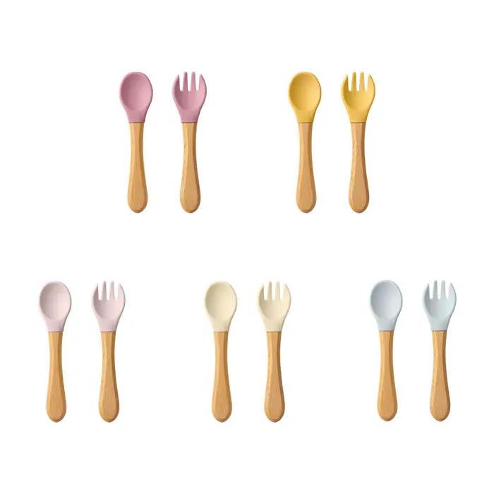 Ensemble d'ustensiles cuillères d'apprentissage pour bébé, 2 pièces, manche en bois de qualité alime