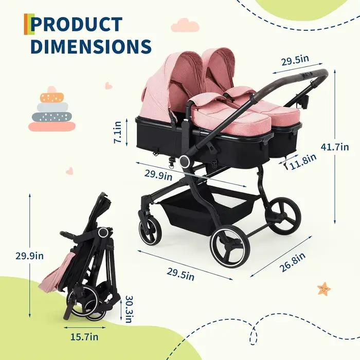 Poussette double côte à côte pour jumeaux, poussette de voyage légère et compacte pliable avec siège