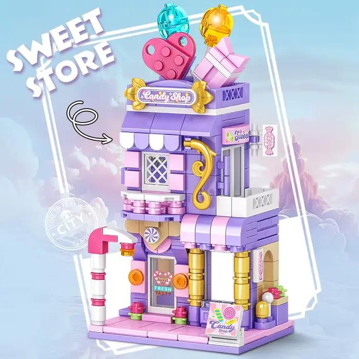 Blocs de construction de ville, boutique de bonbons, maison en pain d'épice, ensemble de modèles, dé