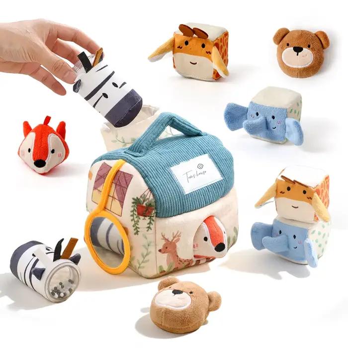 Jouet Montessori en peluche pour bébé, grange avec animaux de ferme, jouets sensoriels tactiles musi