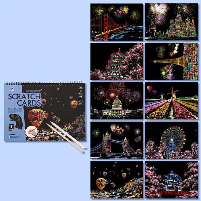 Livre de griffonnage magique avec stylet, 10 feuilles, Motifs Monuments Mondiaux et Paysages Nocturn