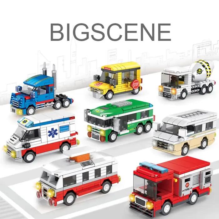 Bloc de construction de petites particules, modèle de véhicule urbain, bus scolaire, camion de pompi