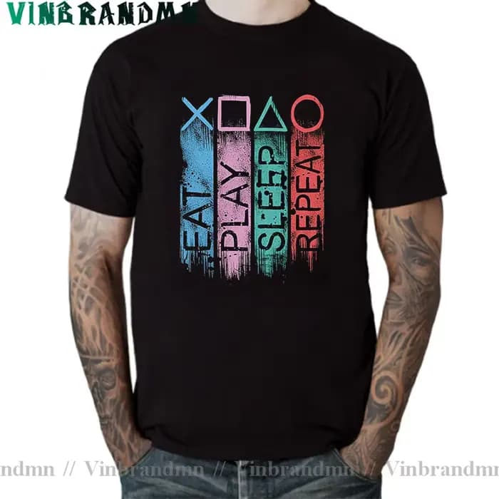 Gamer t-shirt Vintage jouer manger sommeil répéter t-shirt drôle PS4 PS5 jeu vidéo chemise pour homm