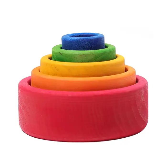 Blocs de construction Montessori en bois massif arc-en-ciel, jouet éducatif, château, marionnette, P