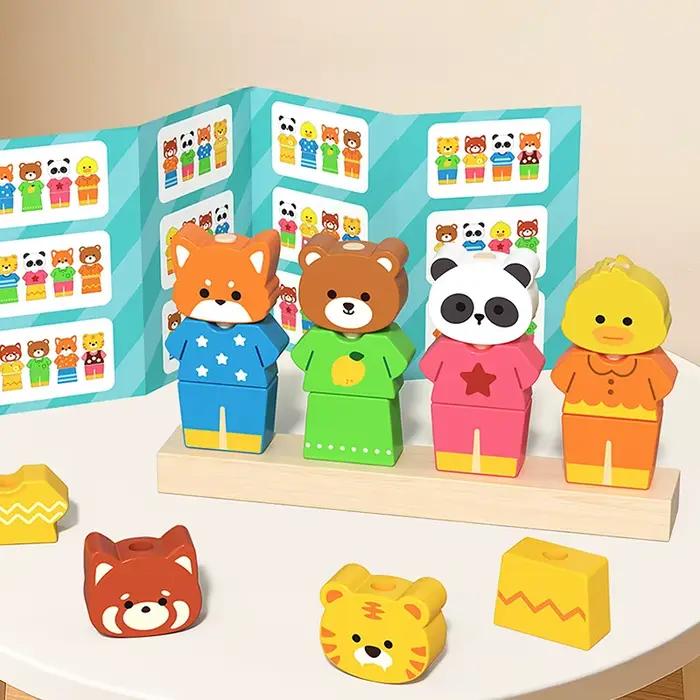 Jouets Montessori pour les tout-petits, jouet d'empilage et de tri d'animaux en bois avec cartes ass