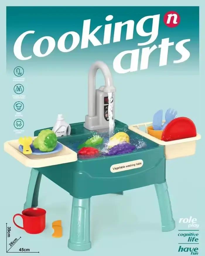 Évier de jeu pour fille avec eau courante, jouets d'évier de cuisine avec robinet électrique, table 