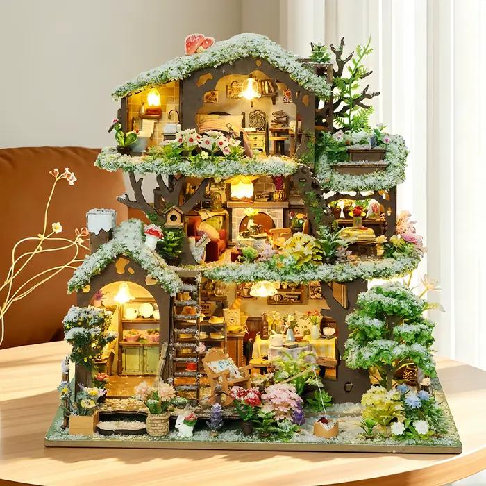 Kit de maison de poupée DIY en bois 3D, maisonnette de forêt hivernale faite à la main, décoration d