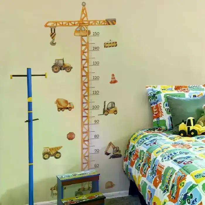 Autocollant mural de croissance pour enfants, motif grue de chantier, mesure de hauteur, vinyle auto