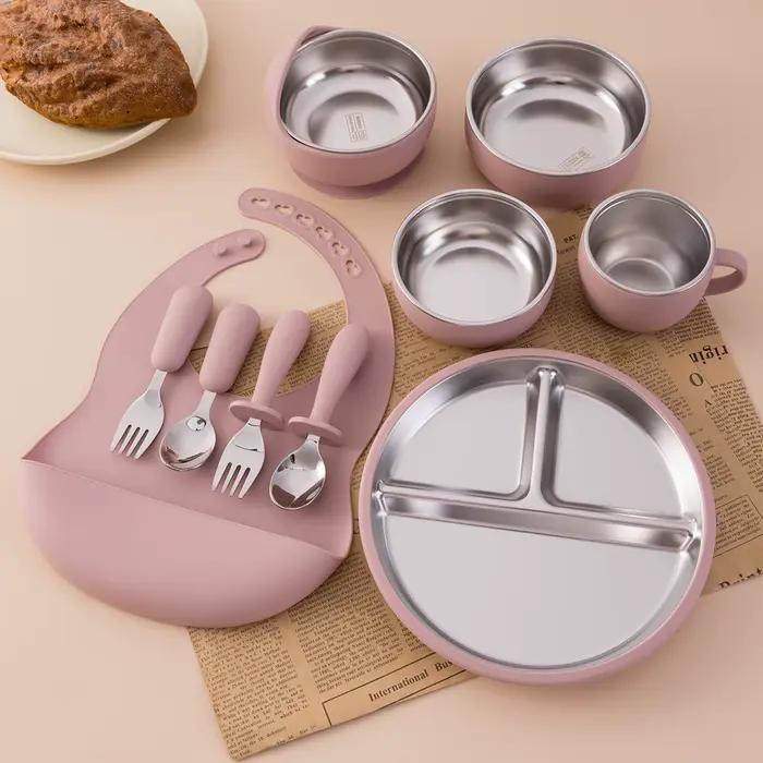 Ensemble d'alimentation pour enfants, 10 pièces, vaisselle en acier inoxydable et Silicone avec bol 