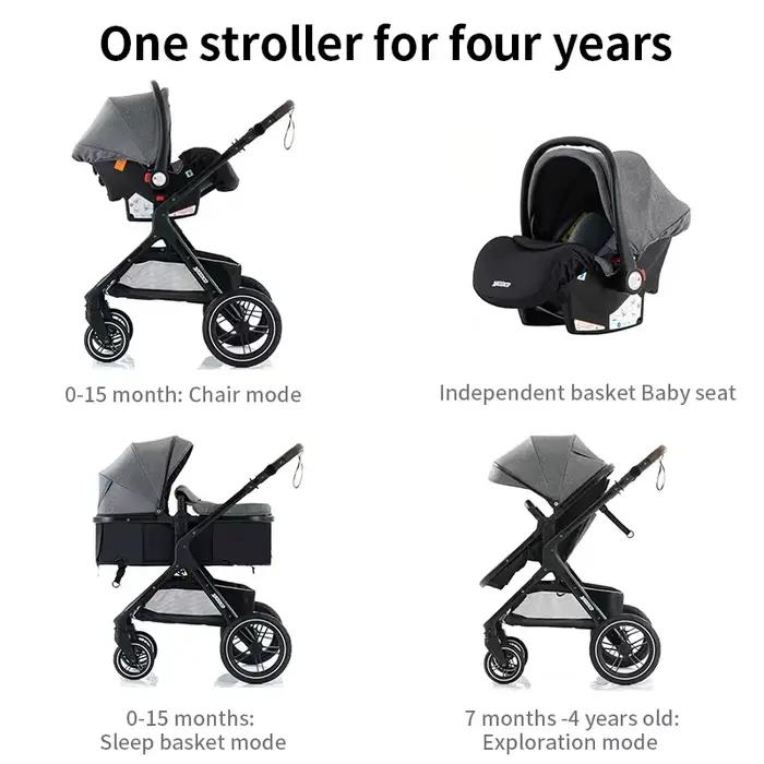 Poussette multifonction 3 en 1 pour bébé avec landau pliable compact, poussette légère, siège auto e