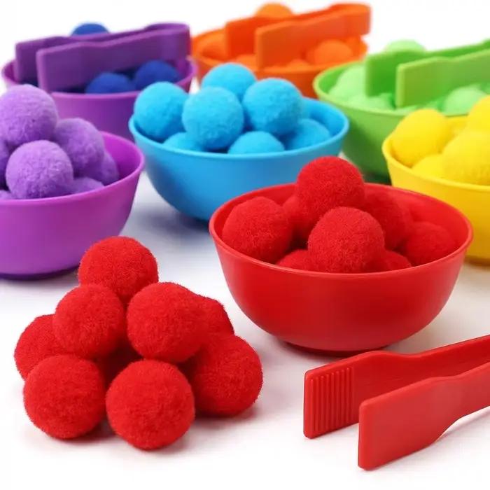 Ensemble de jouets de comptage et de tri pour enfants, pompons, couleurs arc-en-ciel, bols en plasti