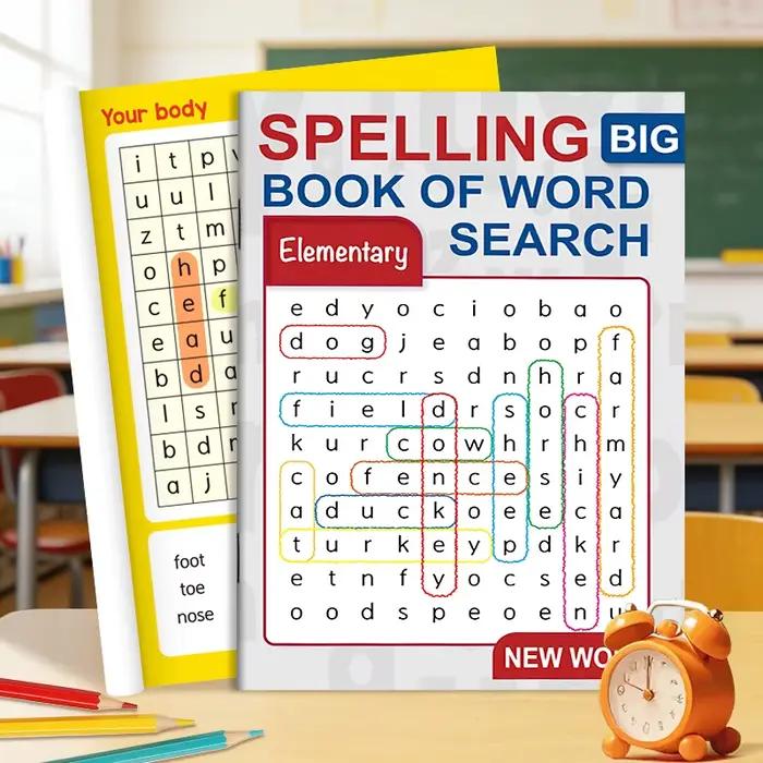 Grand livre de jeux de mots à chercher pour l'orthographe élémentaire, puzzle amusant pour trouver d