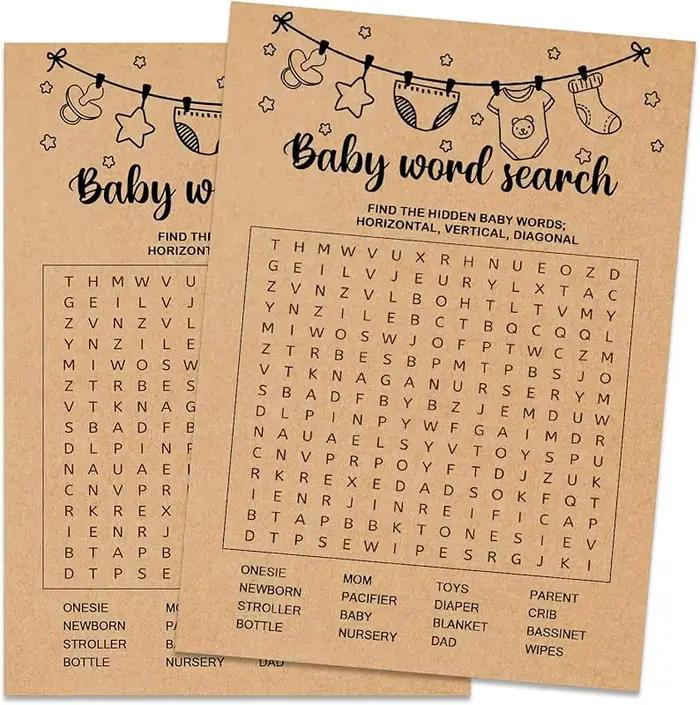 Jeu de réception-cadeau pour bébé, cartes de jeu de recherche de mots pour bébé, fournitures de jeux