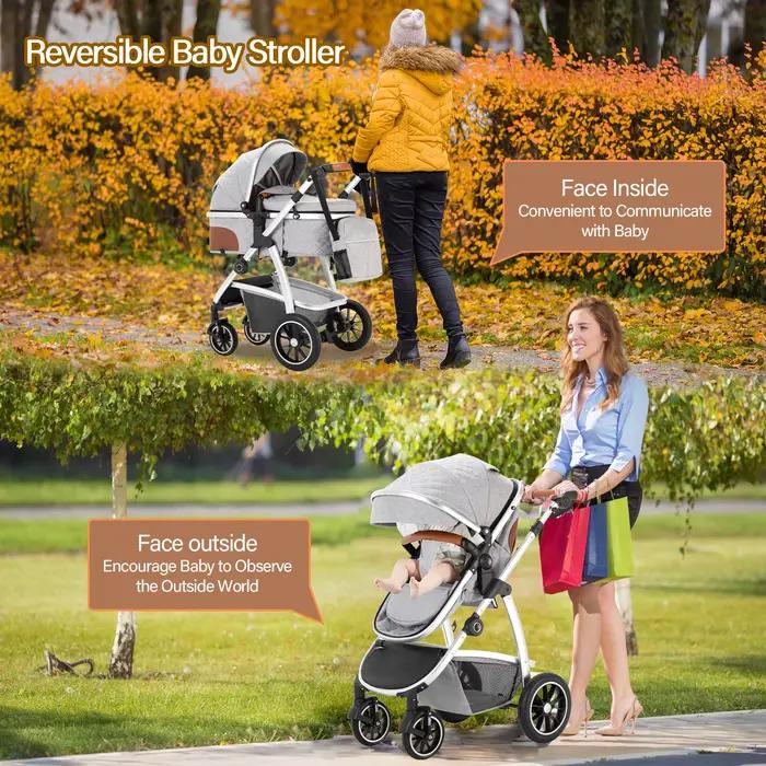 Poussette 3 en 1 pour bébé, haute position, poignée réglable, poussette de voyage avec moustiquaire,