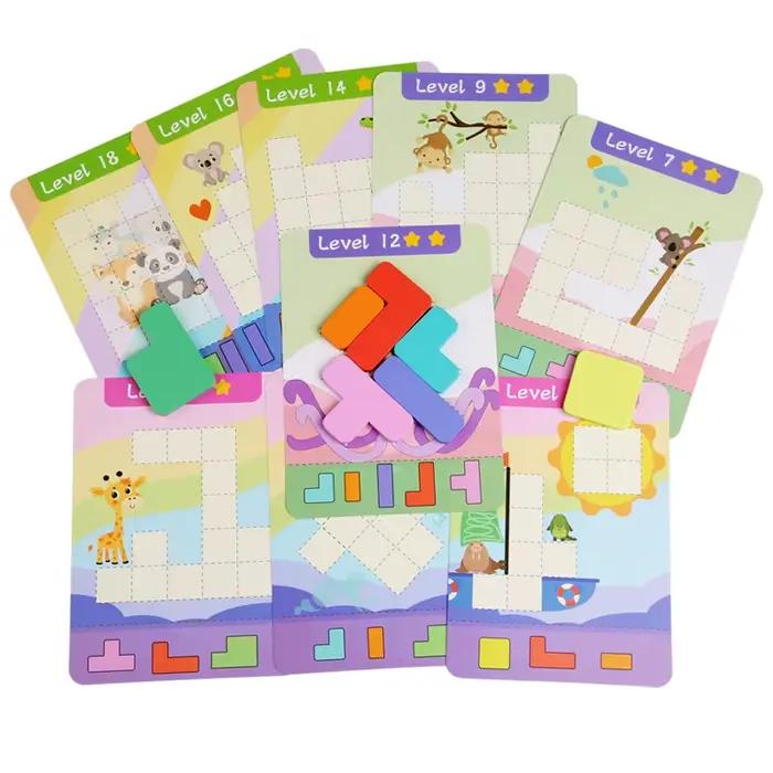 Jouet de puzzle éducatif en bois, blocs de construction en bois de 7 couleurs et 9 cartes de défi Do
