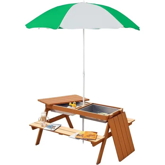 Table à sable et à eau 3-en-1 en bois avec parasol, rangement et banc pour s'amuser en plein air
