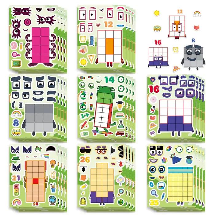 8 puzzles numériques à motifs de blocs de construction de dessins animés, manuel de bricolage, carte