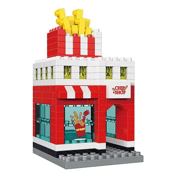 Mini magasin, marché, vue sur la rue, blocs de construction, magasin de gâteaux, décor d'architectur
